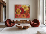 Bountiful Gerberas Square II by Carol Rowan. Shown as extra-large giant wall art in a modern living room. Available as an archival giclee rolled canvas, fine art paper, or poster print. SKU 26992a.