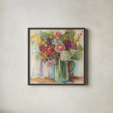 Bouquet in Glass by Carol Rowan. Shown in a sleek black glass frame for a contemporary gallery look. Available as an archival giclee rolled canvas, fine art paper, or poster print. SKU 19774a.