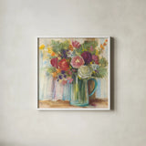 Bouquet in Glass by Carol Rowan. Shown in a crisp white glass frame for a clean and minimalist style. Available as an archival giclee rolled canvas, fine art paper, or poster print. SKU 19774a.