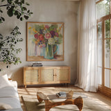 Bouquet in Glass by Carol Rowan. Shown in a natural wood frame in a cozy modern living room. Available as an archival giclee rolled canvas, fine art paper, or poster print. SKU 19774a.