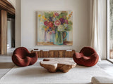 Bouquet in Glass by Carol Rowan. Shown as extra-large giant wall art in a modern living room. Available as an archival giclee rolled canvas, fine art paper, or poster print. SKU 19774a.