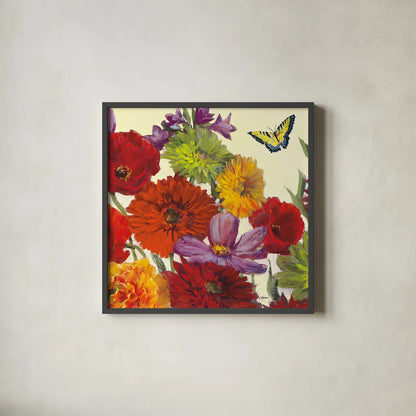 Butterfly Flower Scatter II by Carol Rowan. Shown in a sleek black glass frame for a contemporary gallery look. Available as an archival giclee rolled canvas, fine art paper, or poster print. SKU 10295a.