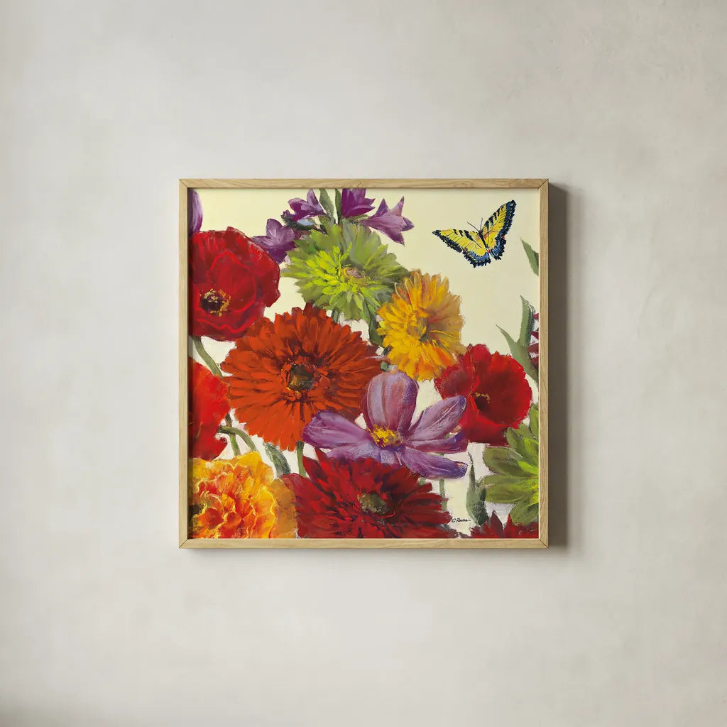 Butterfly Flower Scatter II by Carol Rowan. Shown in a natural wood glass frame for a timeless modern aesthetic. Available as an archival giclee rolled canvas, fine art paper, or poster print. SKU 10295a.