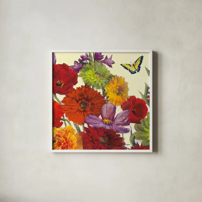 Butterfly Flower Scatter II by Carol Rowan. Shown in a crisp white glass frame for a clean and minimalist style. Available as an archival giclee rolled canvas, fine art paper, or poster print. SKU 10295a.
