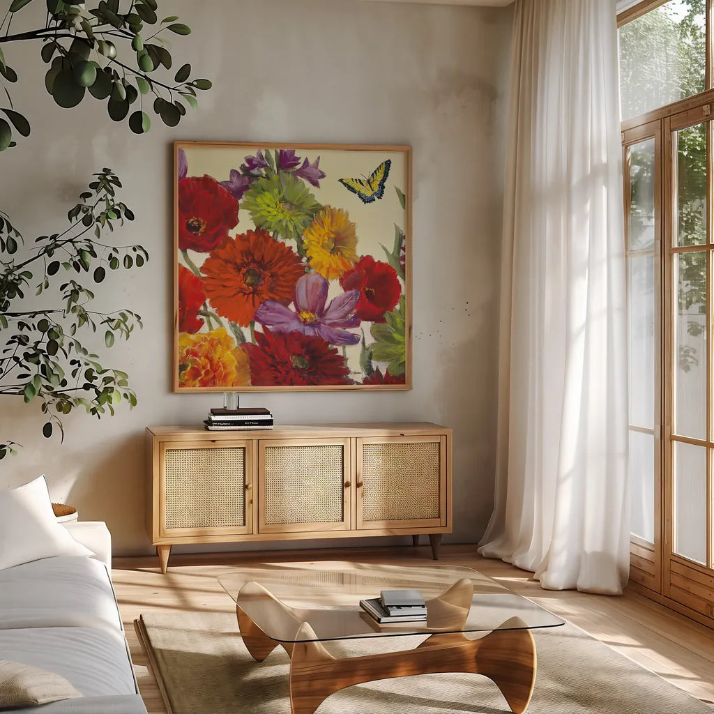 Butterfly Flower Scatter II by Carol Rowan. Shown in a natural wood frame in a cozy modern living room. Available as an archival giclee rolled canvas, fine art paper, or poster print. SKU 10295a.
