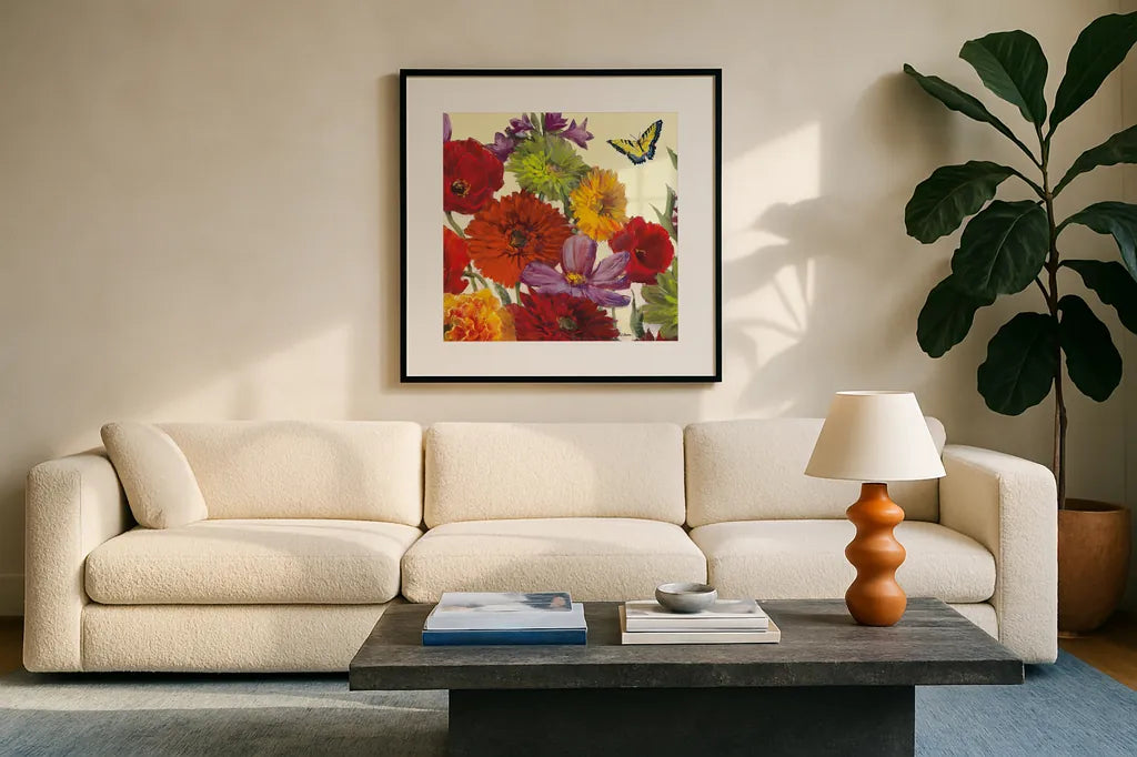 Butterfly Flower Scatter II by Carol Rowan. Displayed in a glass frame with matte in a clean modern living room. Available as an archival giclee rolled canvas, fine art paper, or poster print. SKU 10295a.