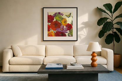 Butterfly Flower Scatter II by Carol Rowan. Displayed in a glass frame with matte in a clean modern living room. Available as an archival giclee rolled canvas, fine art paper, or poster print. SKU 10295a.