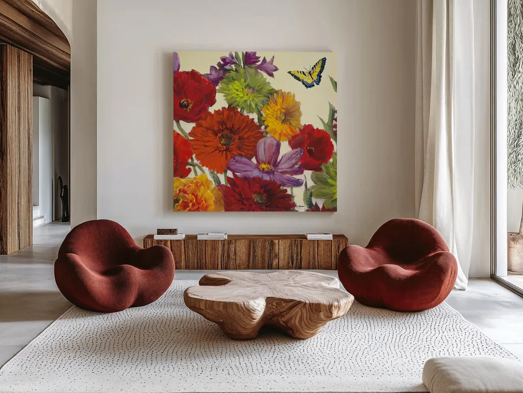 Butterfly Flower Scatter II by Carol Rowan. Shown as extra-large giant wall art in a modern living room. Available as an archival giclee rolled canvas, fine art paper, or poster print. SKU 10295a.