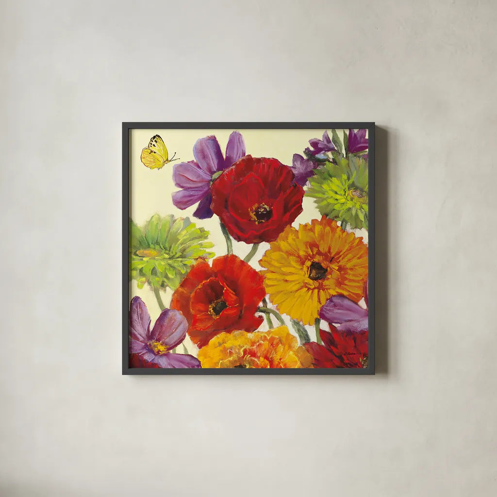 Butterfly Flower Scatter III by Carol Rowan. Shown in a sleek black glass frame for a contemporary gallery look. Available as an archival giclee rolled canvas, fine art paper, or poster print. SKU 10296a.