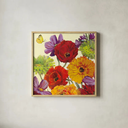 Butterfly Flower Scatter III by Carol Rowan. Shown in a natural wood glass frame for a timeless modern aesthetic. Available as an archival giclee rolled canvas, fine art paper, or poster print. SKU 10296a.