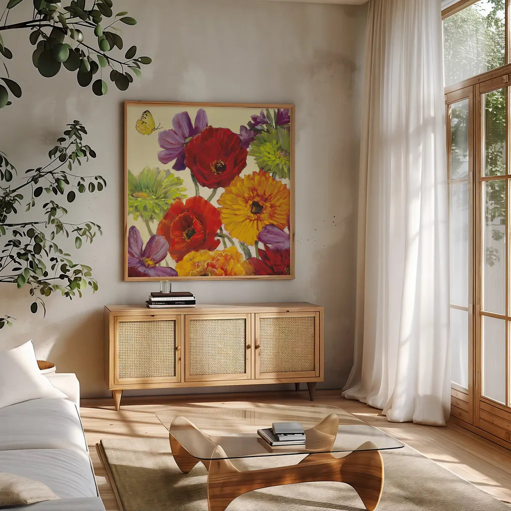 Butterfly Flower Scatter III by Carol Rowan. Shown in a natural wood frame in a cozy modern living room. Available as an archival giclee rolled canvas, fine art paper, or poster print. SKU 10296a.