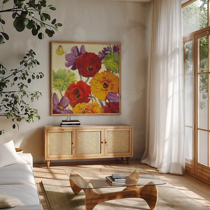 Butterfly Flower Scatter III by Carol Rowan. Shown in a natural wood frame in a cozy modern living room. Available as an archival giclee rolled canvas, fine art paper, or poster print. SKU 10296a.