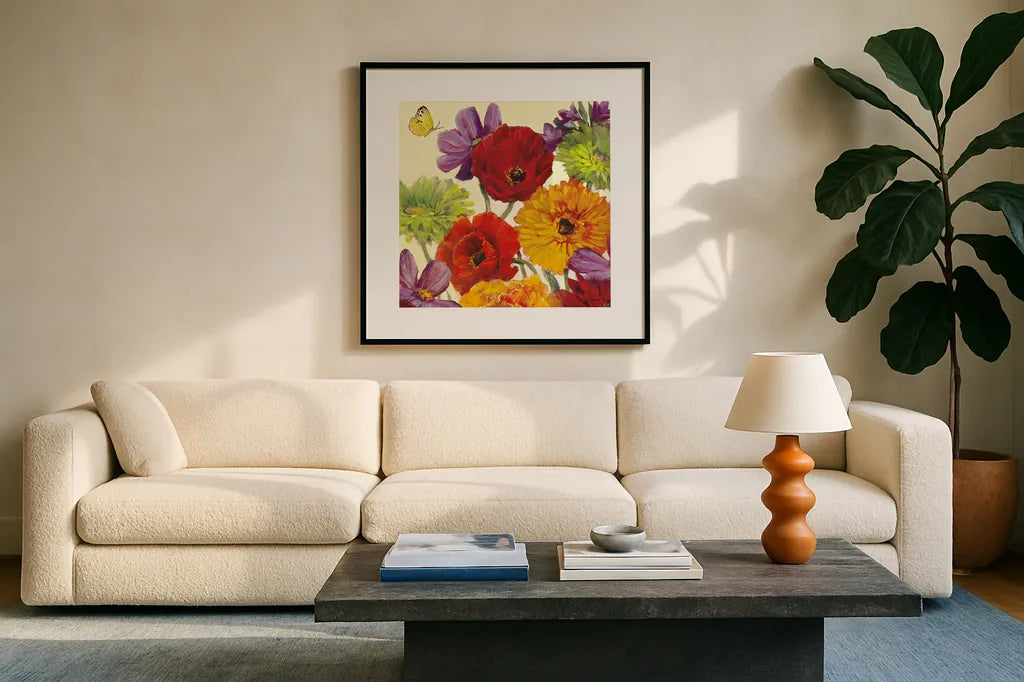 Butterfly Flower Scatter III by Carol Rowan. Displayed in a glass frame with matte in a clean modern living room. Available as an archival giclee rolled canvas, fine art paper, or poster print. SKU 10296a.