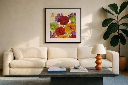 Butterfly Flower Scatter III by Carol Rowan. Displayed in a glass frame with matte in a clean modern living room. Available as an archival giclee rolled canvas, fine art paper, or poster print. SKU 10296a.