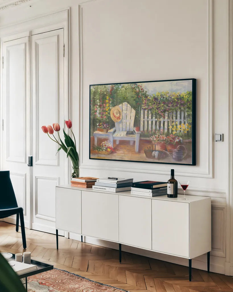 Carols Sunny Garden by Carol Rowan. shown as a framed stretched canvas in a living room above a console. Available as a archival giclee rolled canvas, fine art paper, or poster print. SKU 12789i.