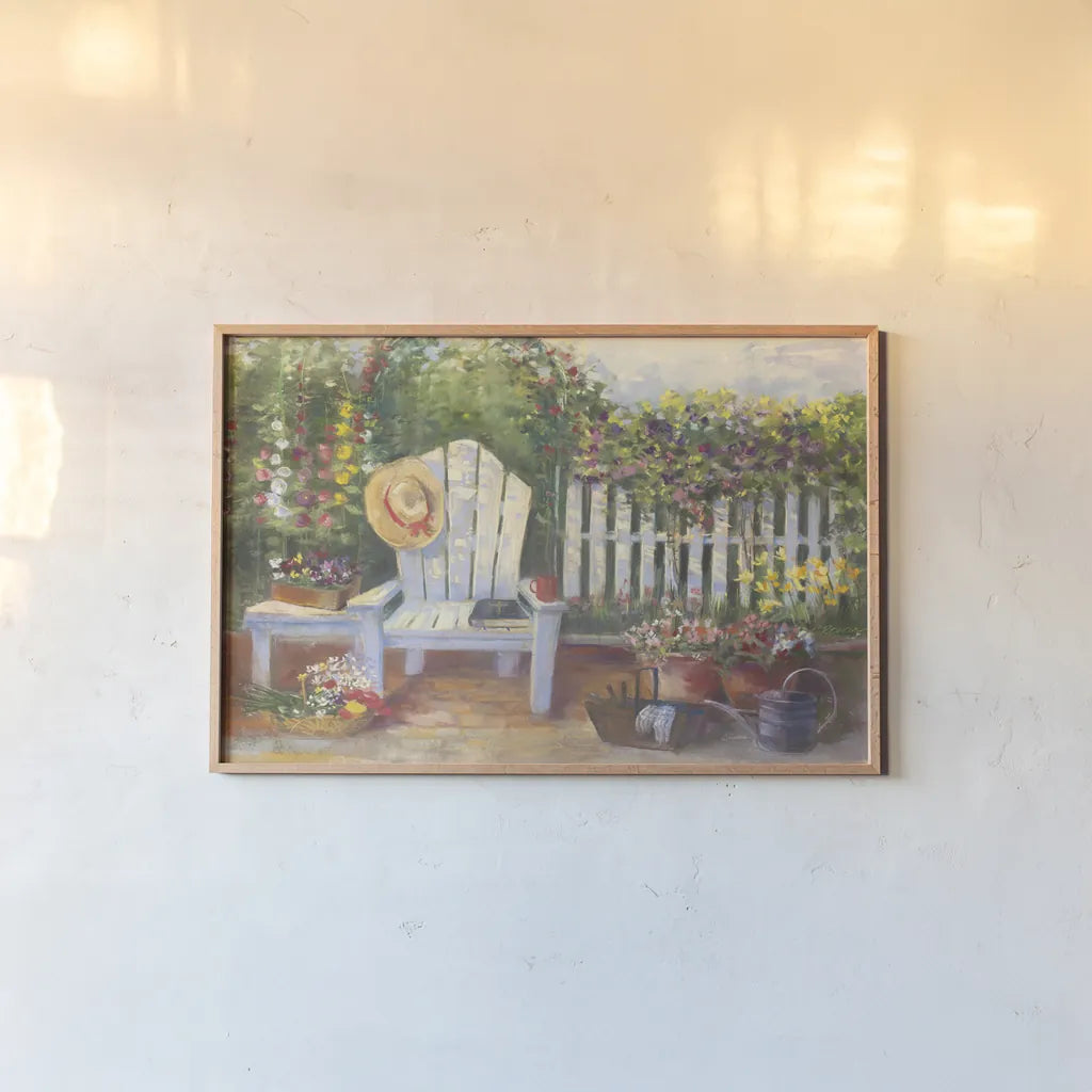 Carols Sunny Garden by Carol Rowan. shown as a paper print in a natural frame. Available as a archival giclee rolled canvas, fine art paper, or poster print. SKU 12789i.