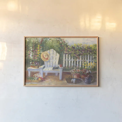Carols Sunny Garden by Carol Rowan. shown as a paper print in a natural frame. Available as a archival giclee rolled canvas, fine art paper, or poster print. SKU 12789i.
