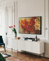 Chelsea Gerberas by Carol Rowan. shown as a framed stretched canvas in a living room above a console. Available as a archival giclee rolled canvas, fine art paper, or poster print. SKU 8180i.