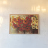 Chelsea Gerberas by Carol Rowan. shown as a paper print in a natural frame. Available as a archival giclee rolled canvas, fine art paper, or poster print. SKU 8180i.