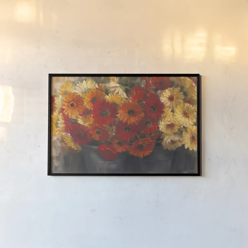 Chelsea Gerberas Grey by Carol Rowan. shown as a paper print in a black flame. Available as a archival giclee rolled canvas, fine art paper, or poster print. SKU 41566i.