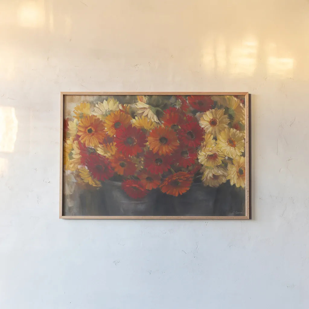 Chelsea Gerberas Grey by Carol Rowan. shown as a paper print in a natural frame. Available as a archival giclee rolled canvas, fine art paper, or poster print. SKU 41566i.