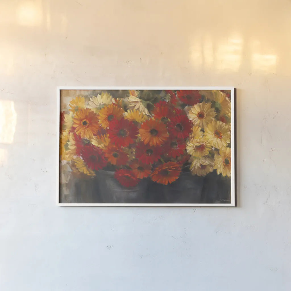 Chelsea Gerberas Grey by Carol Rowan. shown as a paper print in a white frame. Available as a archival giclee rolled canvas, fine art paper, or poster print. SKU 41566i.