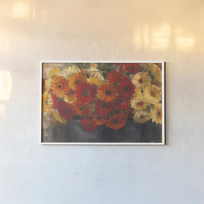 Chelsea Gerberas Grey by Carol Rowan. shown as a paper print in a white frame. Available as a archival giclee rolled canvas, fine art paper, or poster print. SKU 41566i.