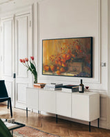 Chinese Lanterns by Carol Rowan. shown as a framed stretched canvas in a living room above a console. Available as a archival giclee rolled canvas, fine art paper, or poster print. SKU 8753i.