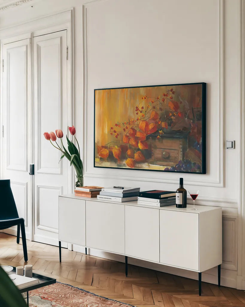 Chinese Lanterns by Carol Rowan. shown as a framed stretched canvas in a living room above a console. Available as a archival giclee rolled canvas, fine art paper, or poster print. SKU 8753i.