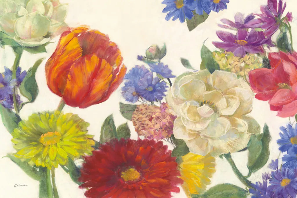 Colorful Flowers on White by Carol Rowan. SKU 42414i. Archival Giclee Fine art print for wall decor.