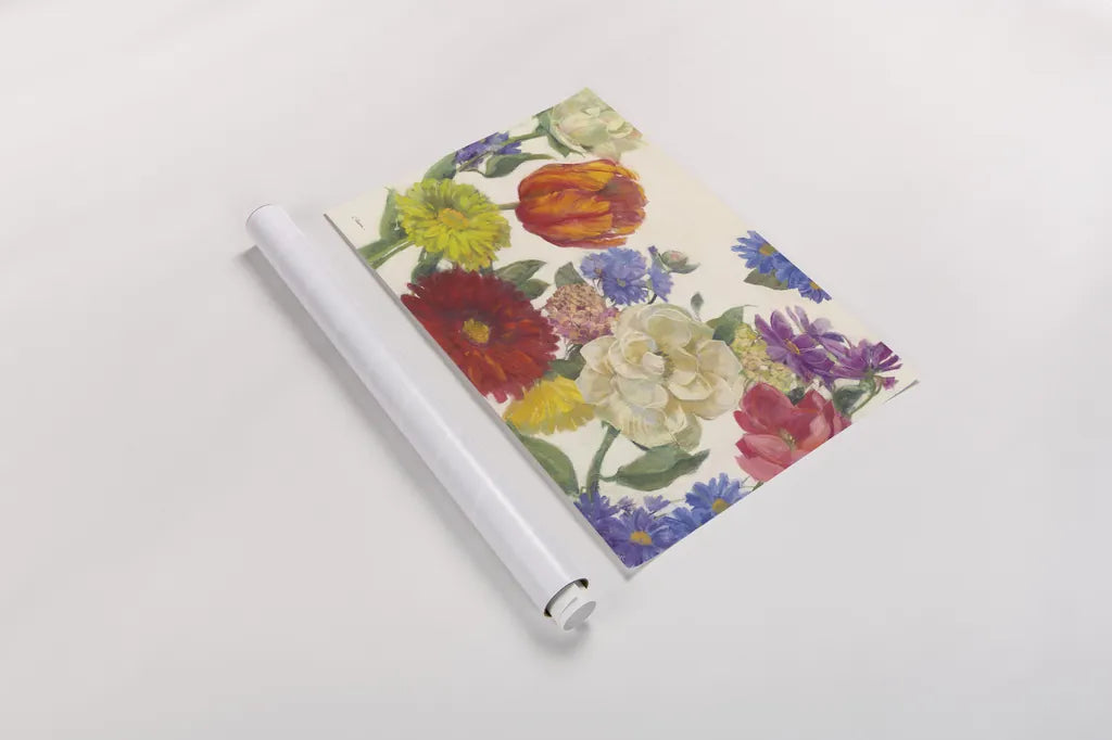 Colorful Flowers on White by Carol Rowan. shown as a rolled paper print. Available as archival giclee rolled canvas, fine art paper, or poster print. SKU 42414i.