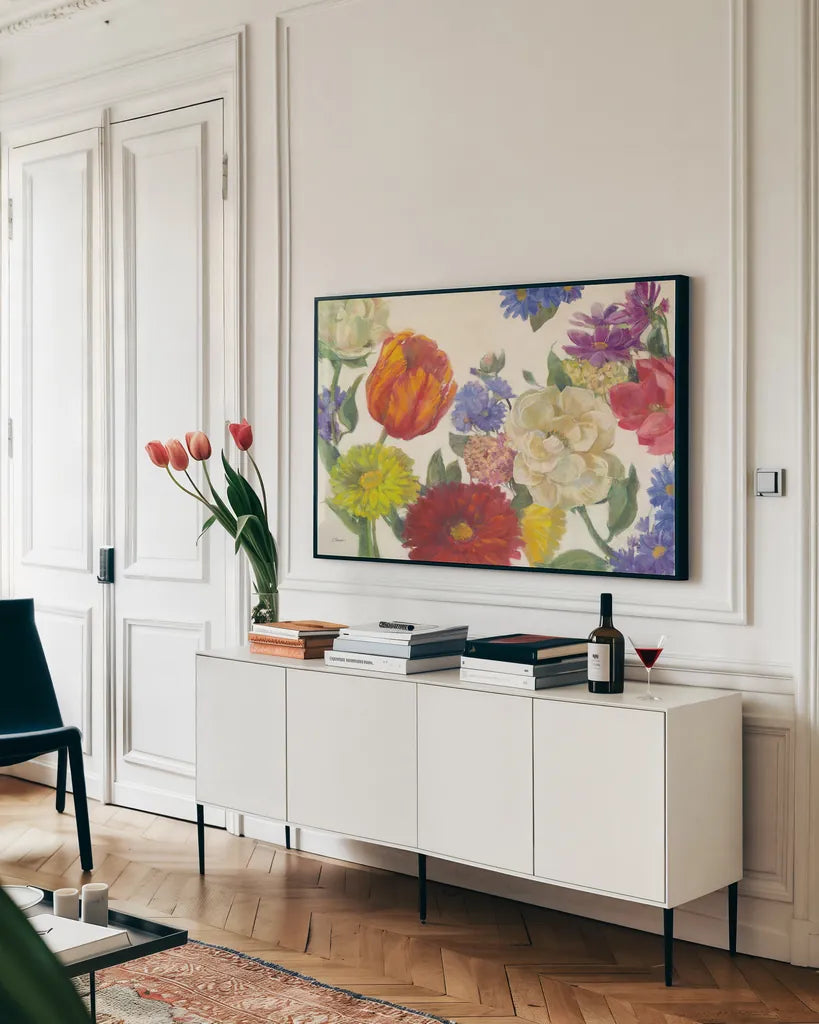 Colorful Flowers on White by Carol Rowan. shown as a framed stretched canvas in a living room above a console. Available as a archival giclee rolled canvas, fine art paper, or poster print. SKU 42414i.
