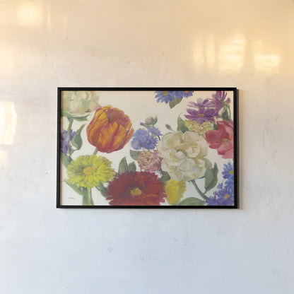 Colorful Flowers on White by Carol Rowan. shown as a paper print in a black flame. Available as a archival giclee rolled canvas, fine art paper, or poster print. SKU 42414i.