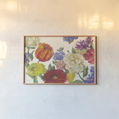 Colorful Flowers on White by Carol Rowan. shown as a paper print in a natural frame. Available as a archival giclee rolled canvas, fine art paper, or poster print. SKU 42414i.