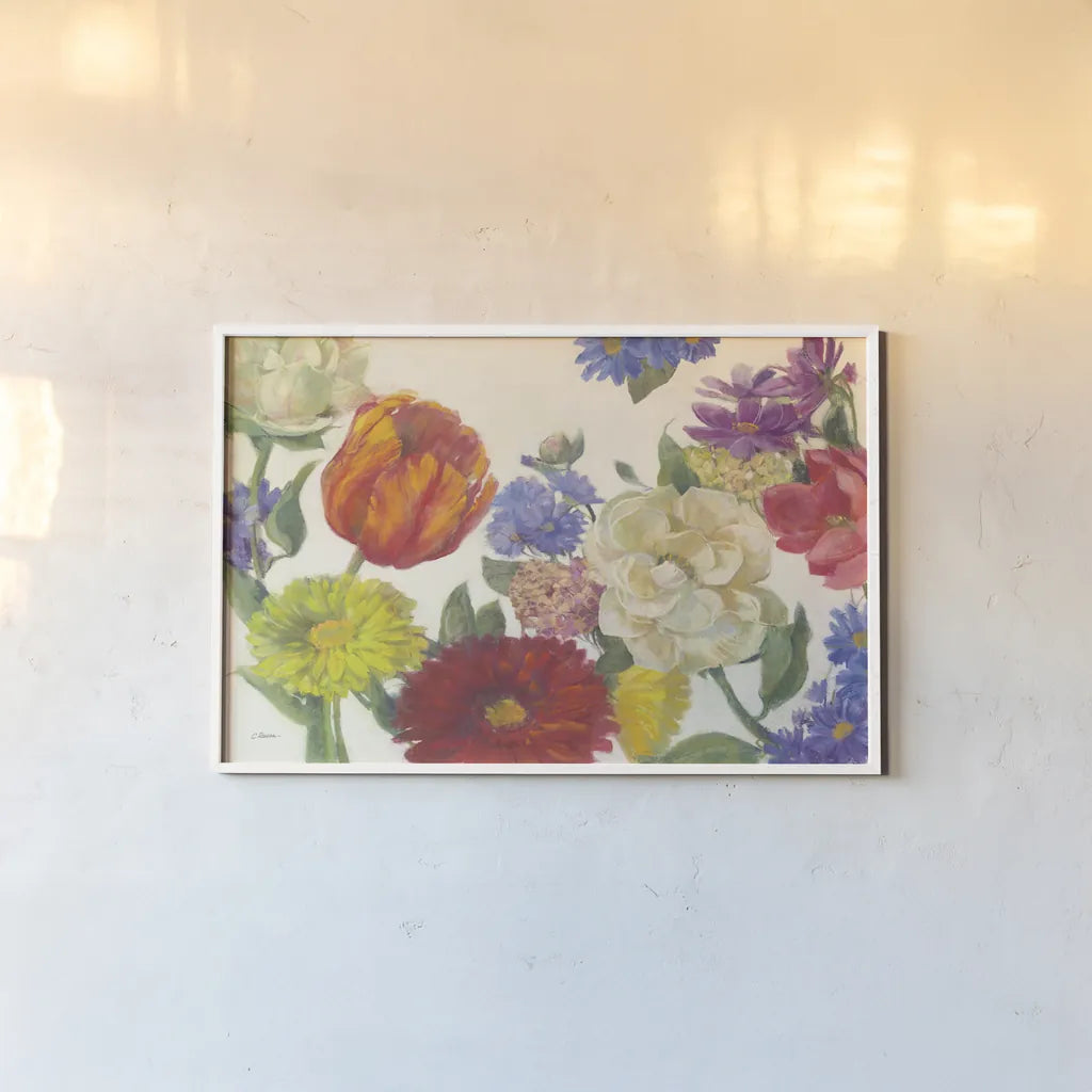 Colorful Flowers on White by Carol Rowan. shown as a paper print in a white frame. Available as a archival giclee rolled canvas, fine art paper, or poster print. SKU 42414i.