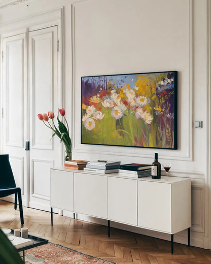 Contemporary Meadow by Carol Rowan. shown as a framed stretched canvas in a living room above a console. Available as a archival giclee rolled canvas, fine art paper, or poster print. SKU 6704i.