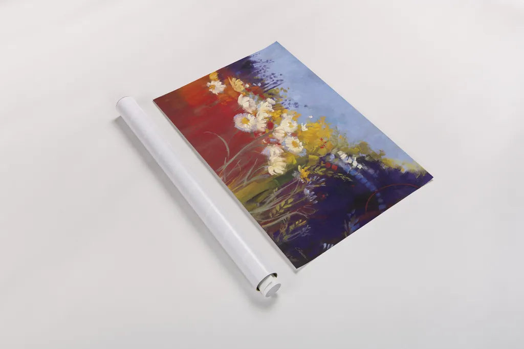 Contemporary Meadow Red by Carol Rowan. shown as a rolled paper print. Available as archival giclee rolled canvas, fine art paper, or poster print. SKU 41958i.