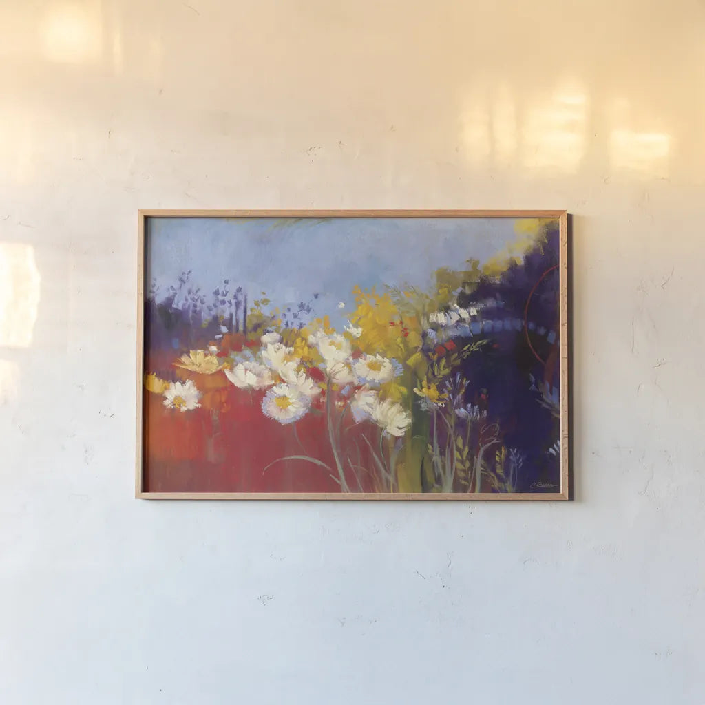 Contemporary Meadow Red by Carol Rowan. shown as a paper print in a natural frame. Available as a archival giclee rolled canvas, fine art paper, or poster print. SKU 41958i.