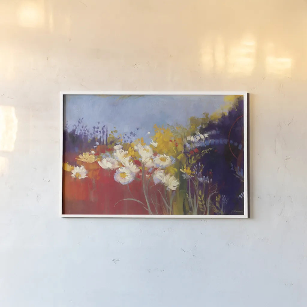 Contemporary Meadow Red by Carol Rowan. shown as a paper print in a white frame. Available as a archival giclee rolled canvas, fine art paper, or poster print. SKU 41958i.