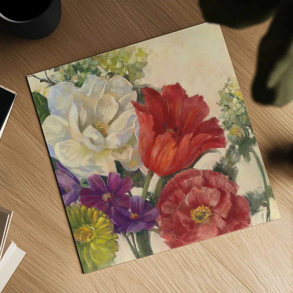 Coral Tulip by Carol Rowan. Shown as a detailed flat fine art print, highlighting archival giclee quality. Available as an archival giclee rolled canvas, fine art paper, or poster print. SKU 42291a.