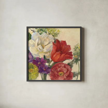 Coral Tulip by Carol Rowan. Shown in a sleek black glass frame for a contemporary gallery look. Available as an archival giclee rolled canvas, fine art paper, or poster print. SKU 42291a.