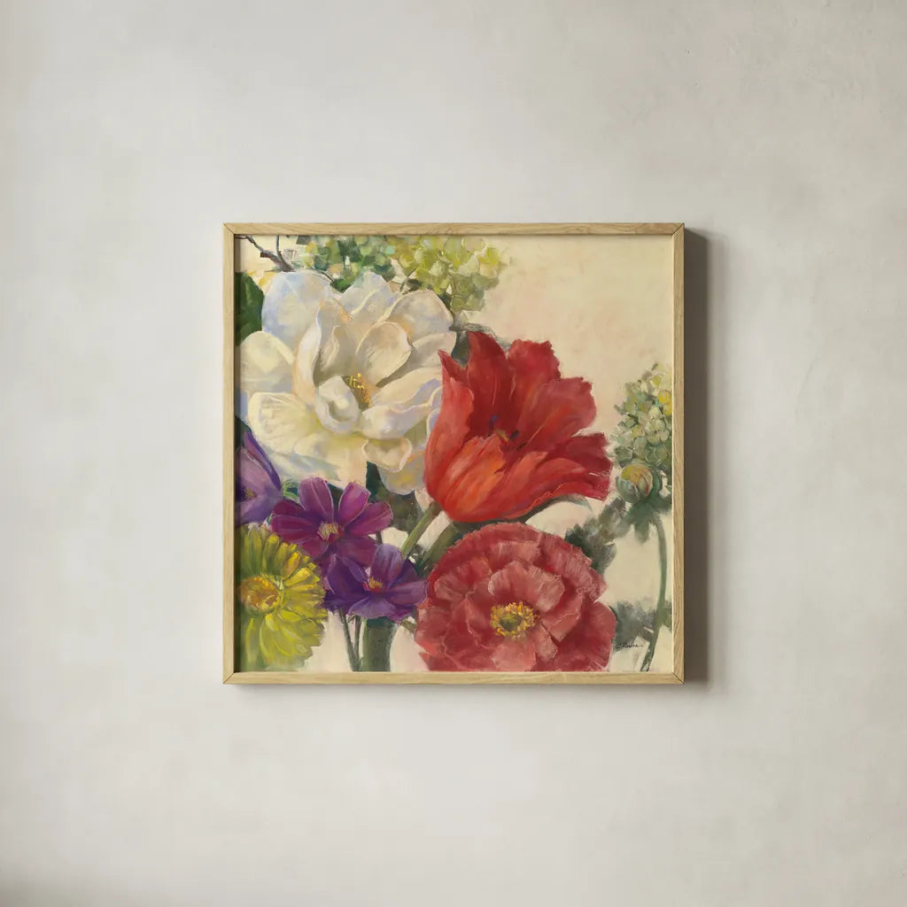 Coral Tulip by Carol Rowan. Shown in a natural wood glass frame for a timeless modern aesthetic. Available as an archival giclee rolled canvas, fine art paper, or poster print. SKU 42291a.
