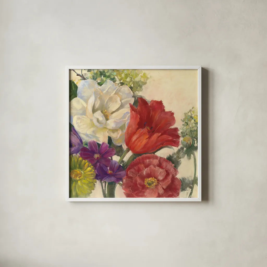 Coral Tulip by Carol Rowan. Shown in a crisp white glass frame for a clean and minimalist style. Available as an archival giclee rolled canvas, fine art paper, or poster print. SKU 42291a.