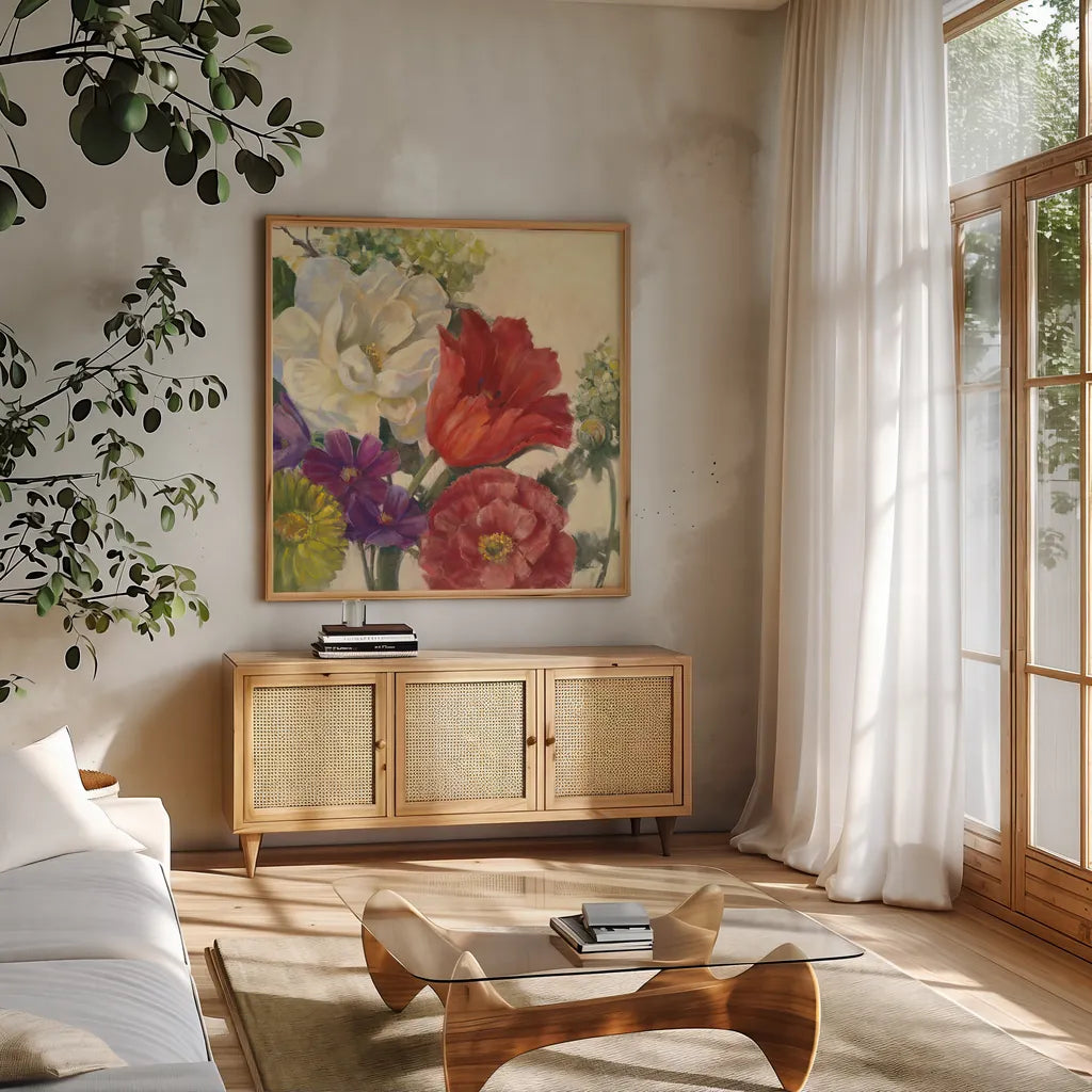 Coral Tulip by Carol Rowan. Shown in a natural wood frame in a cozy modern living room. Available as an archival giclee rolled canvas, fine art paper, or poster print. SKU 42291a.