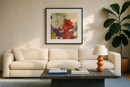 Coral Tulip by Carol Rowan. Displayed in a glass frame with matte in a clean modern living room. Available as an archival giclee rolled canvas, fine art paper, or poster print. SKU 42291a.