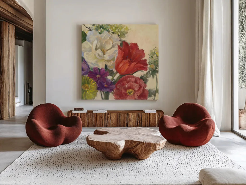 Coral Tulip by Carol Rowan. Shown as extra-large giant wall art in a modern living room. Available as an archival giclee rolled canvas, fine art paper, or poster print. SKU 42291a.
