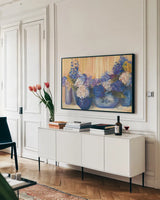 Country Hydrangea by Carol Rowan. shown as a framed stretched canvas in a living room above a console. Available as a archival giclee rolled canvas, fine art paper, or poster print. SKU 41556i.