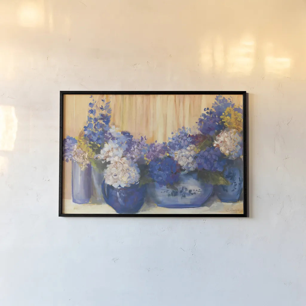 Country Hydrangea by Carol Rowan. shown as a paper print in a black flame. Available as a archival giclee rolled canvas, fine art paper, or poster print. SKU 41556i.