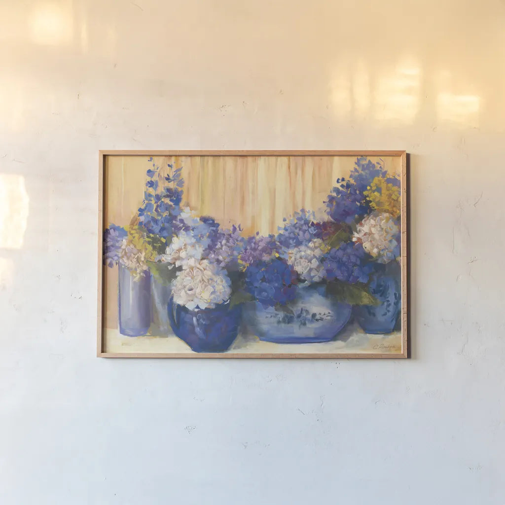 Country Hydrangea by Carol Rowan. shown as a paper print in a natural frame. Available as a archival giclee rolled canvas, fine art paper, or poster print. SKU 41556i.