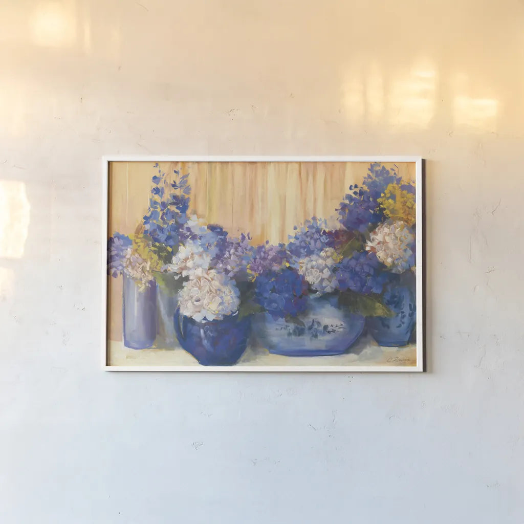 Country Hydrangea by Carol Rowan. shown as a paper print in a white frame. Available as a archival giclee rolled canvas, fine art paper, or poster print. SKU 41556i.